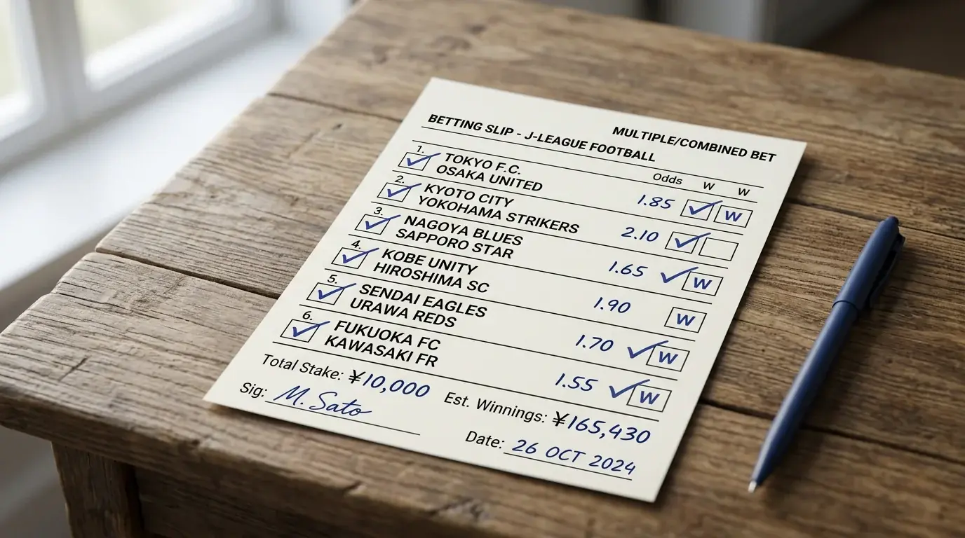 Boleton de apuestas multiples con varios partidos de futbol japones seleccionados