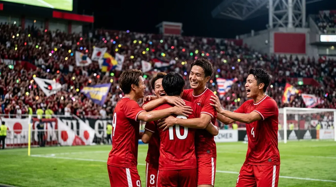 Jugadores de la J-League celebrando un gol con la afición de fondo