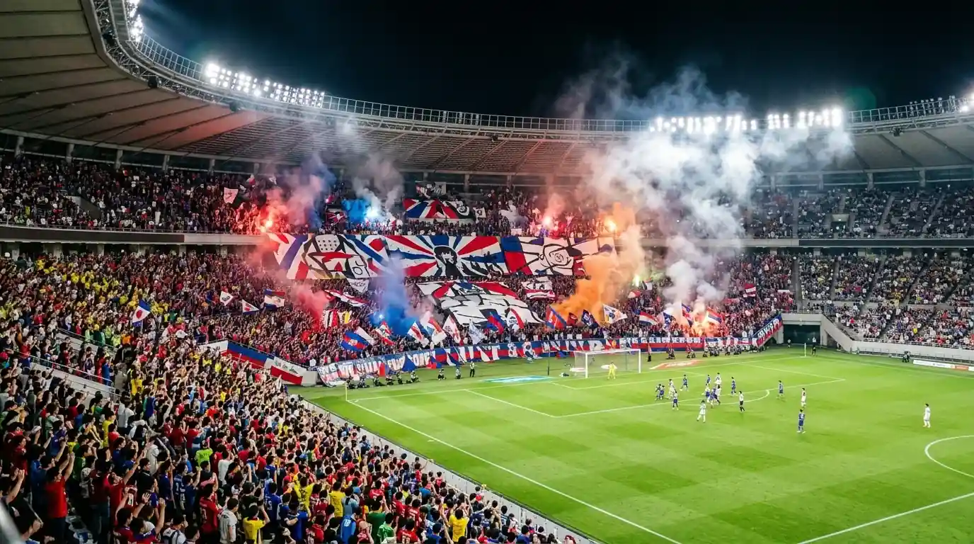 Estadio de la J-League lleno de aficionados con banderas y coreografias durante un partido